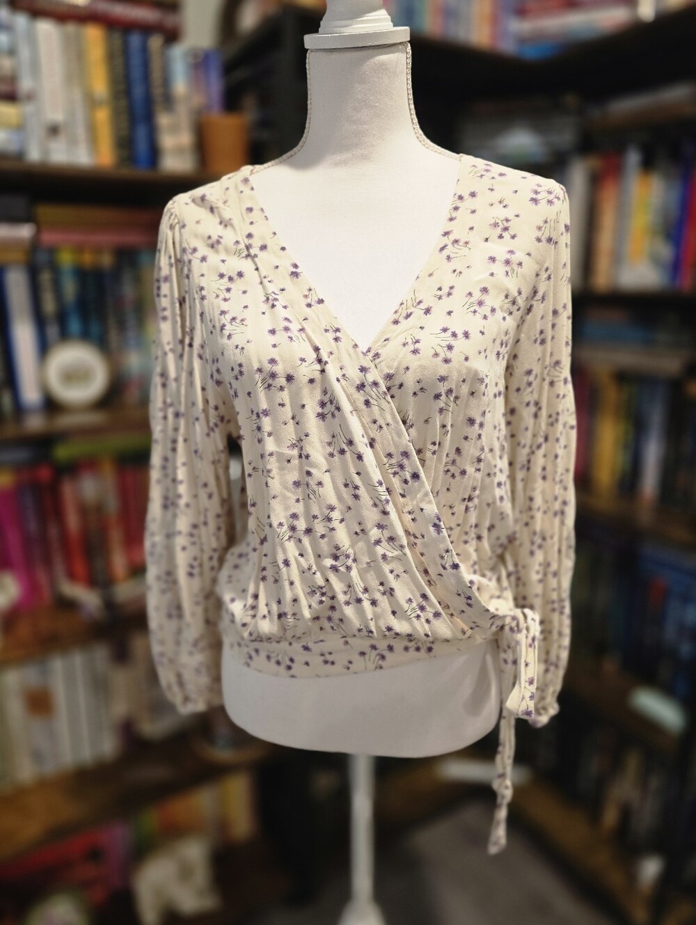 American Eagle Floral Wrap Blouse in Cream with Purple Print